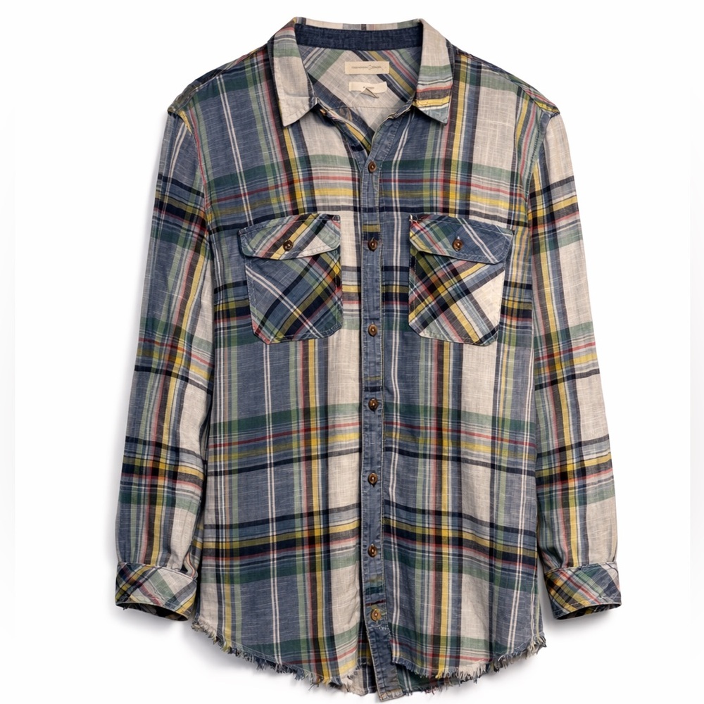 Treasure & Bond Plaid Button Down Women’s Small Blue Green Raw Hem Flannel Top